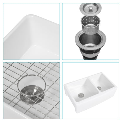 White Farmhouse Sink - 33 x 21 x 10 inch White Ceramic Porcelain Double Bowl 60/40 Farm Kitchen Sink