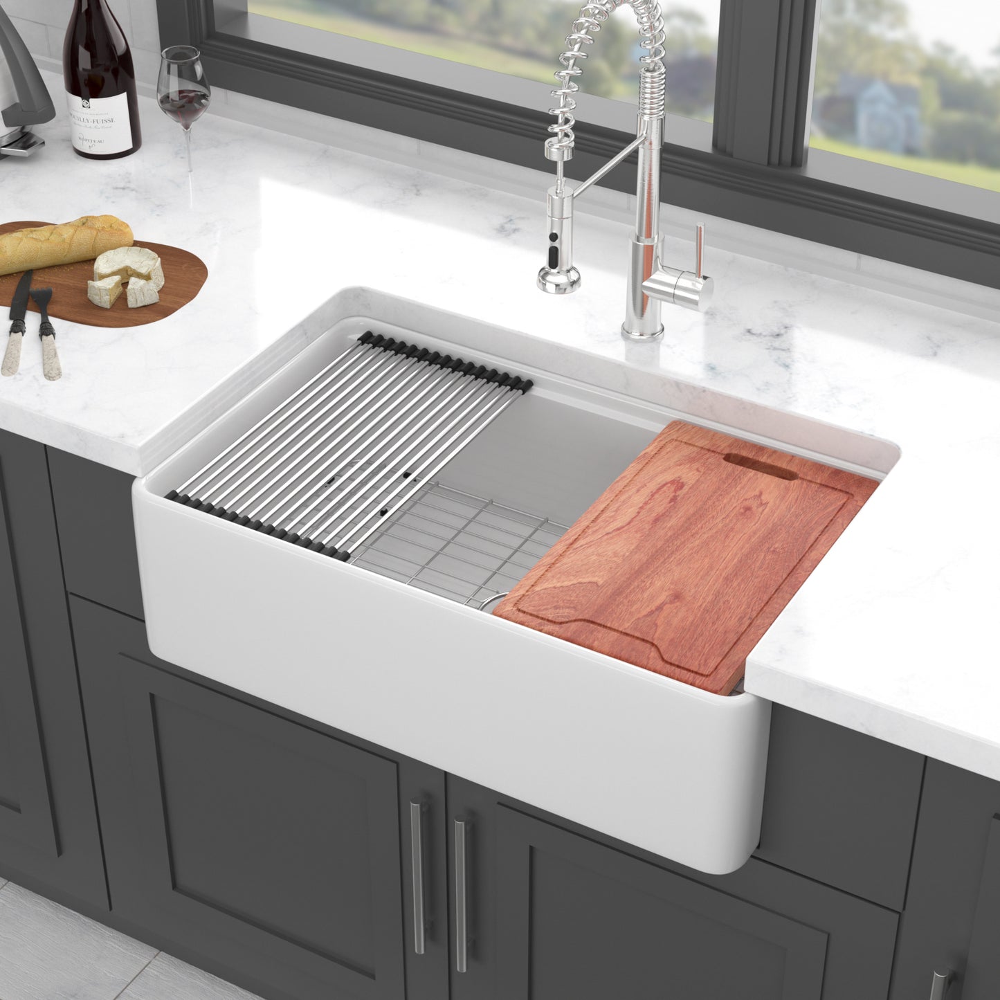 33 x 20 x 10 inch White Farmhouse Sink Workstation - Porcelain Ceramic Single Bowl Farm Kitchen Sink