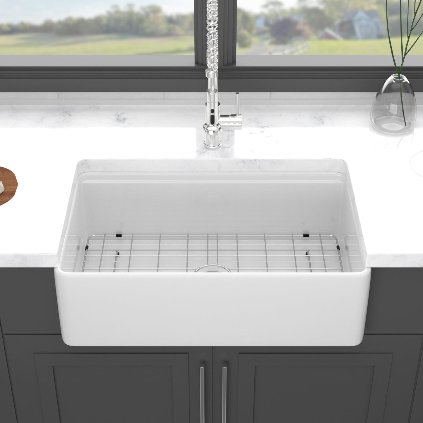 33 x 20 x 10 inch White Farmhouse Sink Workstation - Porcelain Ceramic Single Bowl Farm Kitchen Sink