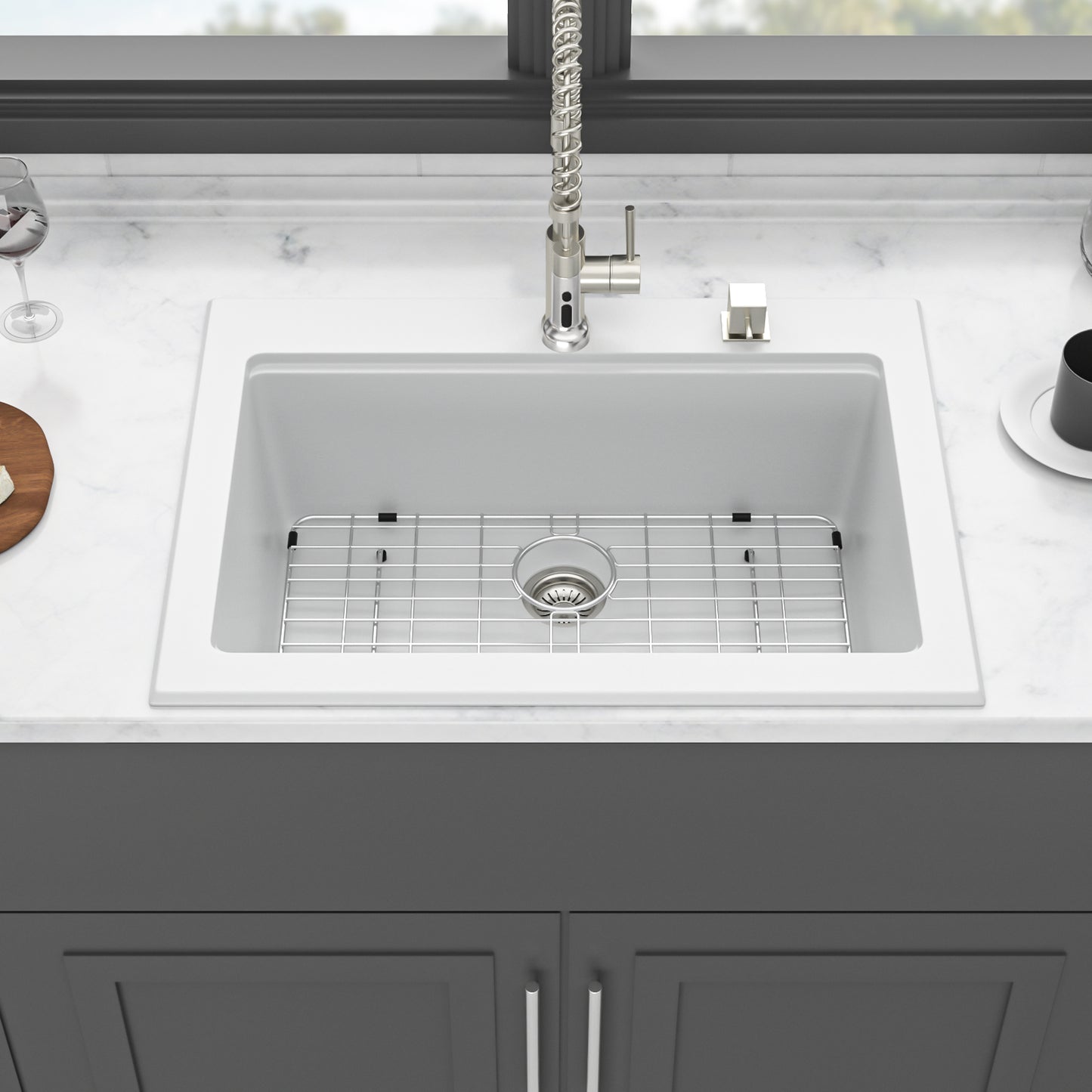 Quartz Kitchen Sink - 30" x 22" x 10" White granite composite Workstation Drop-in kitchen sink