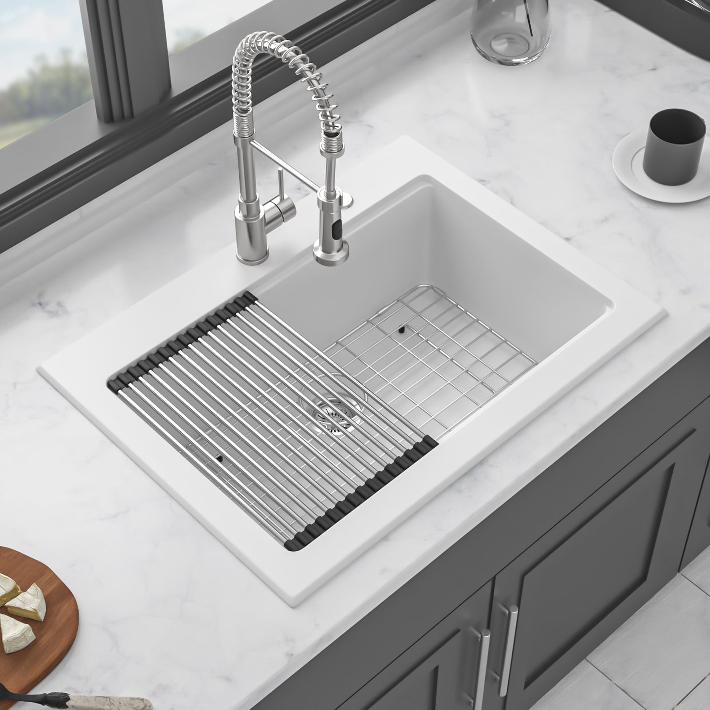 Quartz Kitchen Sink - 30" x 22" x 10" White granite composite Workstation Drop-in kitchen sink