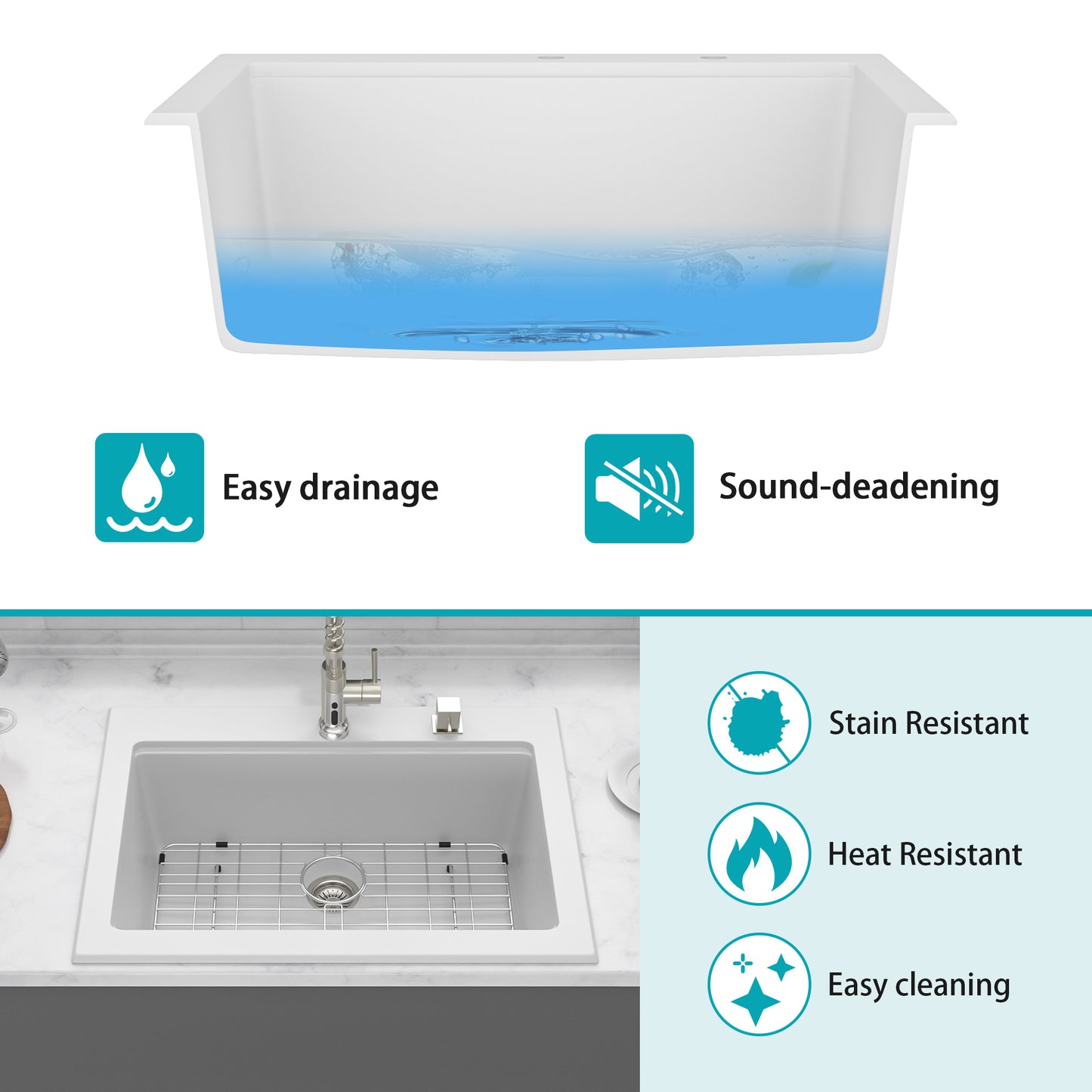 Quartz Kitchen Sink - 30" x 22" x 10" White granite composite Workstation Drop-in kitchen sink