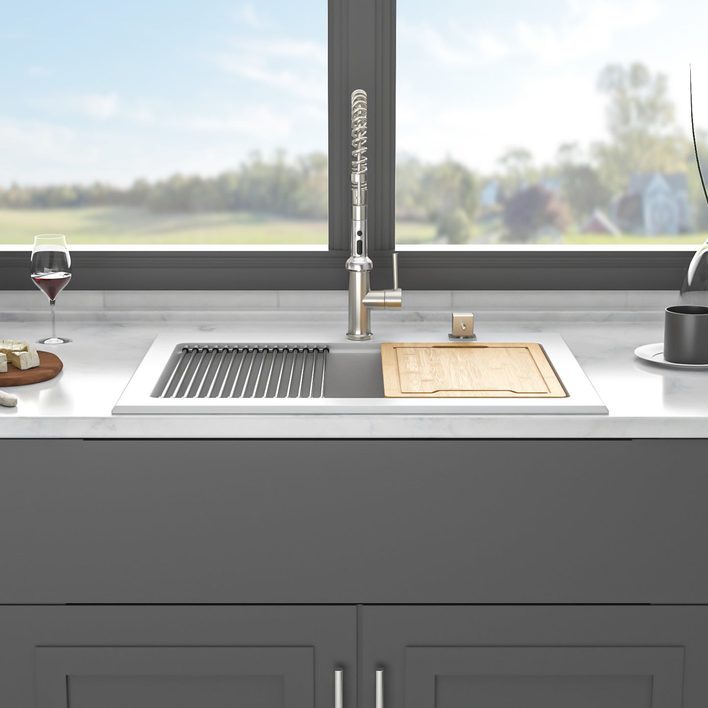 Quartz Kitchen Sink - 30" x 22" x 10" White granite composite Workstation Drop-in kitchen sink