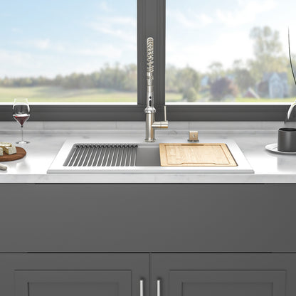 Quartz Kitchen Sink - 30" x 22" x 10" White granite composite Workstation Drop-in kitchen sink