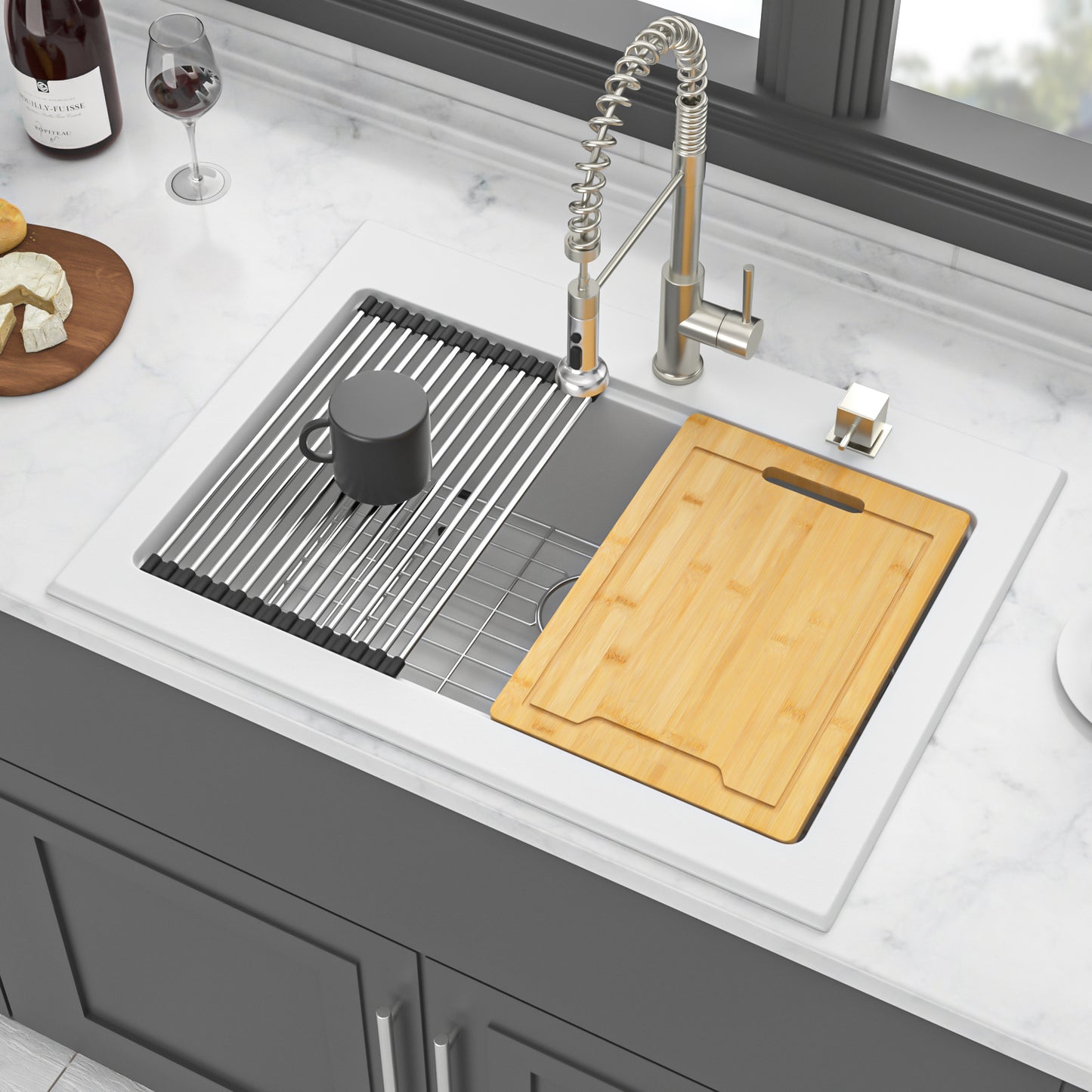 Quartz Kitchen Sink - 30" x 22" x 10" White granite composite Workstation Drop-in kitchen sink