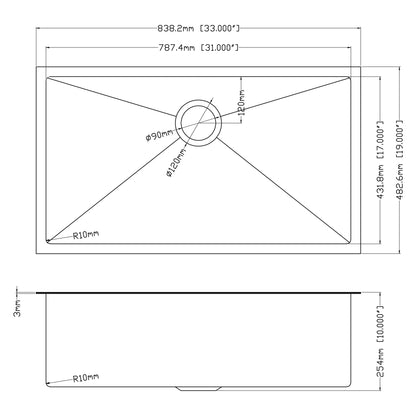 33"x19"x10" Gunmetal Black Undermount Kitchen Sink 16 Gauge Single Bowl with Drain Assembly