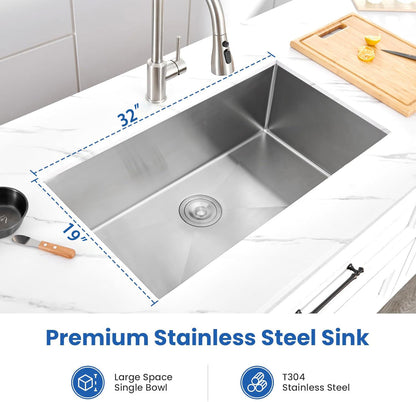 32" L X 19" W Undermount Single Bowl 18 Gauge 304 Stainless Steel Kitchen Sink (Sink Only)