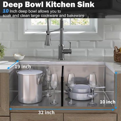 32" L X 19" W Undermount Double Bowl 16 Gauge 304 Stainless Steel Kitchen Sink (Sink Only)