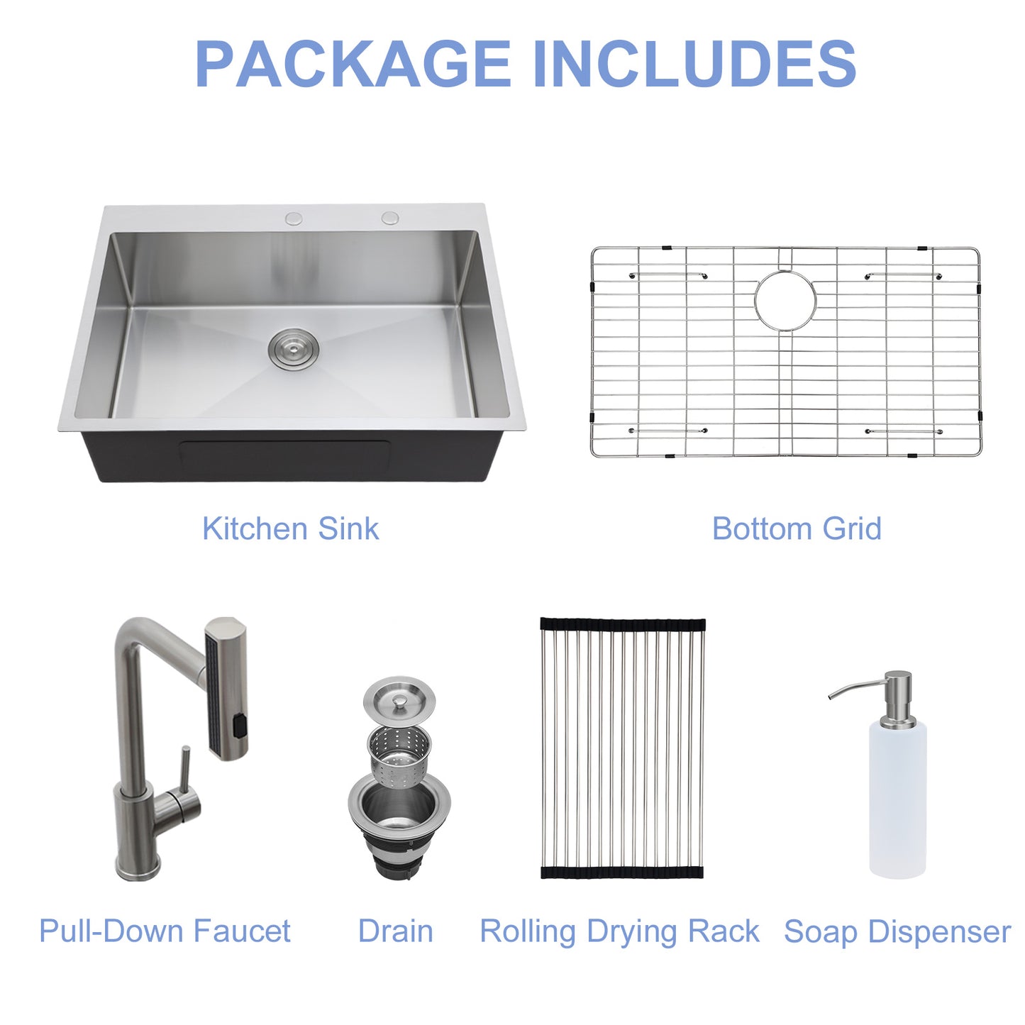 30" Drop-in Kitchen Sink with Pull-Out Faucet and Soap Dispenser - 30 x 22 x 10 inch Single Bowl 16 Gauge Stainless Steel Topmount Kitchen Sink Basin