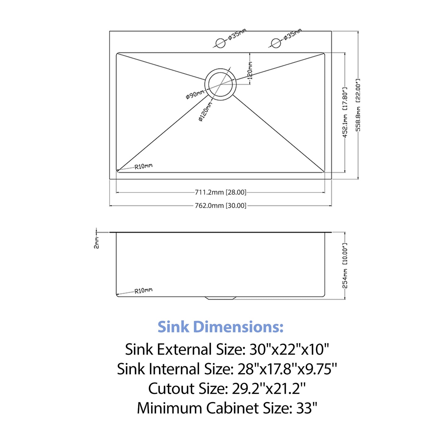 30" Drop-in Kitchen Sink with Pull-Out Faucet and Soap Dispenser - 30 x 22 x 10 inch Single Bowl 16 Gauge Stainless Steel Topmount Kitchen Sink Basin