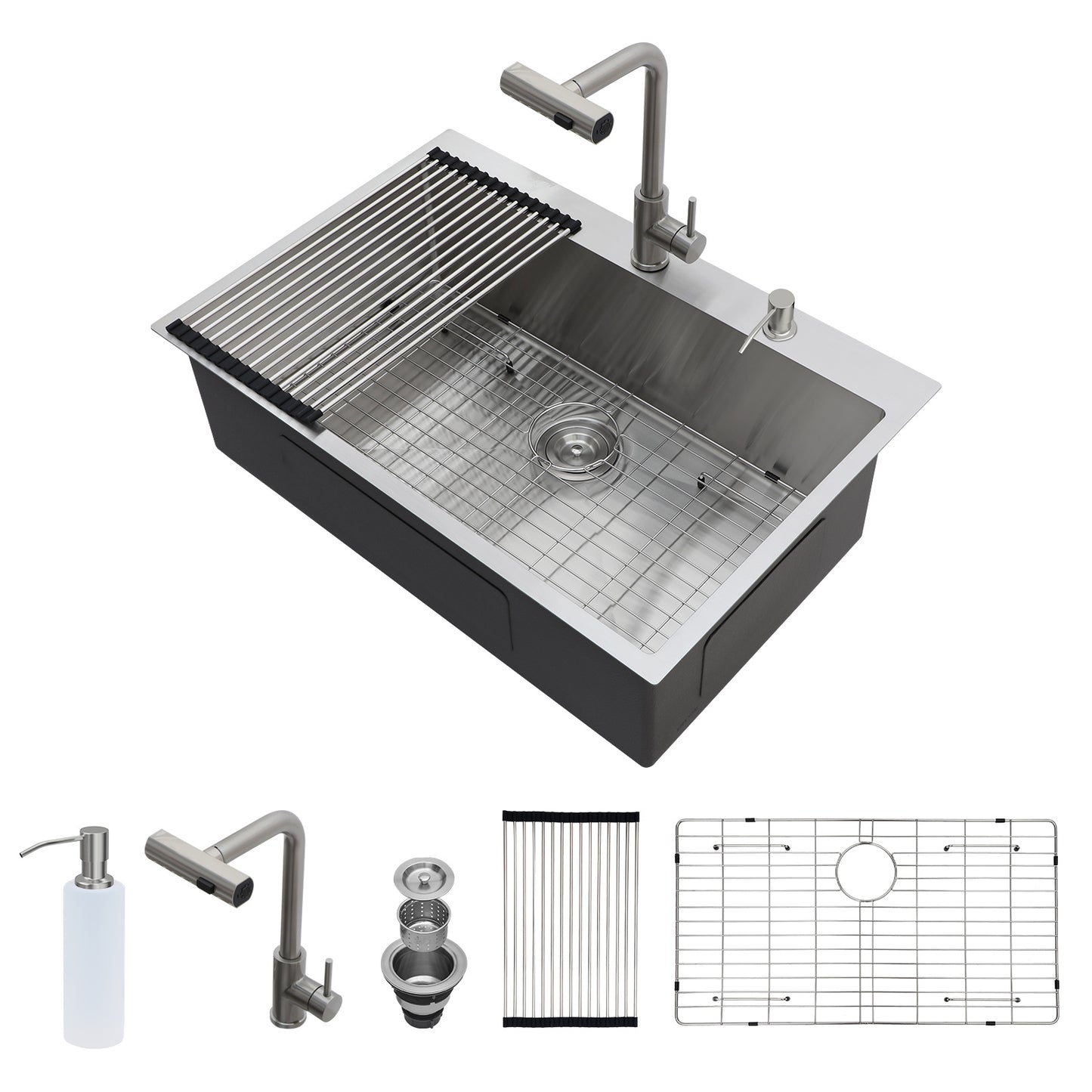 33" Drop-in Kitchen Sink with Pull-Out Faucet and Soap Dispenser - 33 x 22 x 10 inch Single Bowl 16 Gauge Stainless Steel Topmount Kitchen Sink Basin