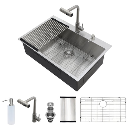33" Drop-in Kitchen Sink with Pull-Out Faucet and Soap Dispenser - 33 x 22 x 10 inch Single Bowl 16 Gauge Stainless Steel Topmount Kitchen Sink Basin