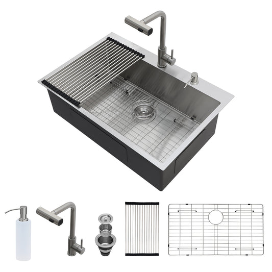 33" Drop-in Kitchen Sink with Pull-Out Faucet and Soap Dispenser - 33 x 22 x 10 inch Single Bowl 16 Gauge Stainless Steel Topmount Kitchen Sink Basin