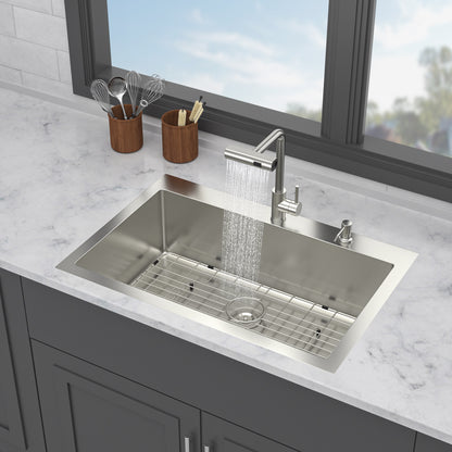 33" Drop-in Kitchen Sink with Pull-Out Faucet and Soap Dispenser - 33 x 22 x 10 inch Single Bowl 16 Gauge Stainless Steel Topmount Kitchen Sink Basin
