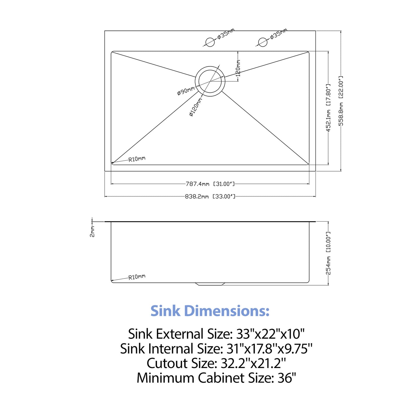 33" Drop-in Kitchen Sink with Pull-Out Faucet and Soap Dispenser - 33 x 22 x 10 inch Single Bowl 16 Gauge Stainless Steel Topmount Kitchen Sink Basin