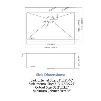33" Drop-in Kitchen Sink with Pull-Out Faucet and Soap Dispenser - 33 x 22 x 10 inch Single Bowl 16 Gauge Stainless Steel Topmount Kitchen Sink Basin