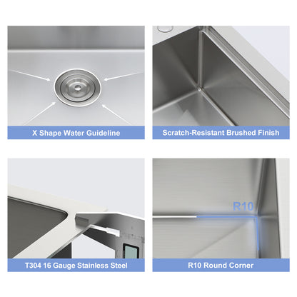 33" Drop-in Kitchen Sink with Pull-Out Faucet and Soap Dispenser - 33 x 22 x 10 inch Single Bowl 16 Gauge Stainless Steel Topmount Kitchen Sink Basin