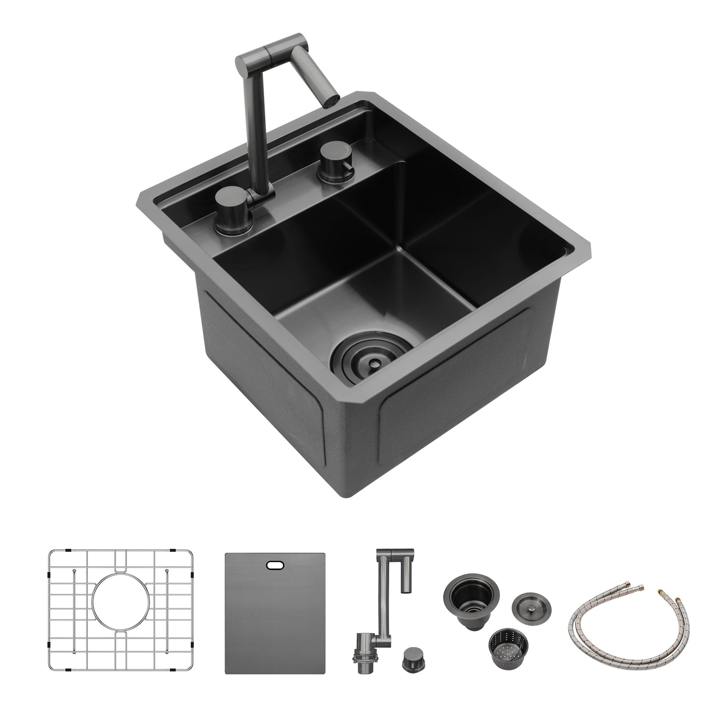 15" Undermount Bar Sink with Folding Faucet - 15 x 17 x 9 inch Single Bowl 16 Gauge Stainless Steel Gunmetal Black Kitchen Sinks