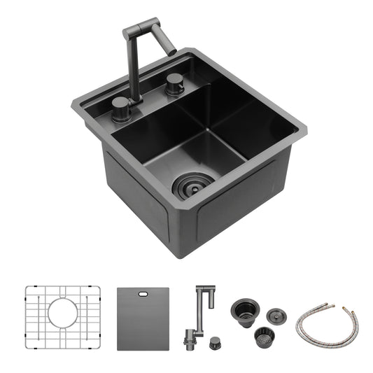 15" Undermount Bar Sink with Folding Faucet - 15 x 17 x 9 inch Single Bowl 16 Gauge Stainless Steel Gunmetal Black Kitchen Sinks