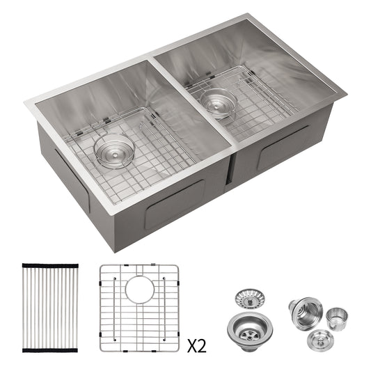 16 Gauge Stainless Steel 32 x 18 x 9 inch Undermount Double Bowl Kitchen Sink (50/50) with 9 Inch Deep Sink