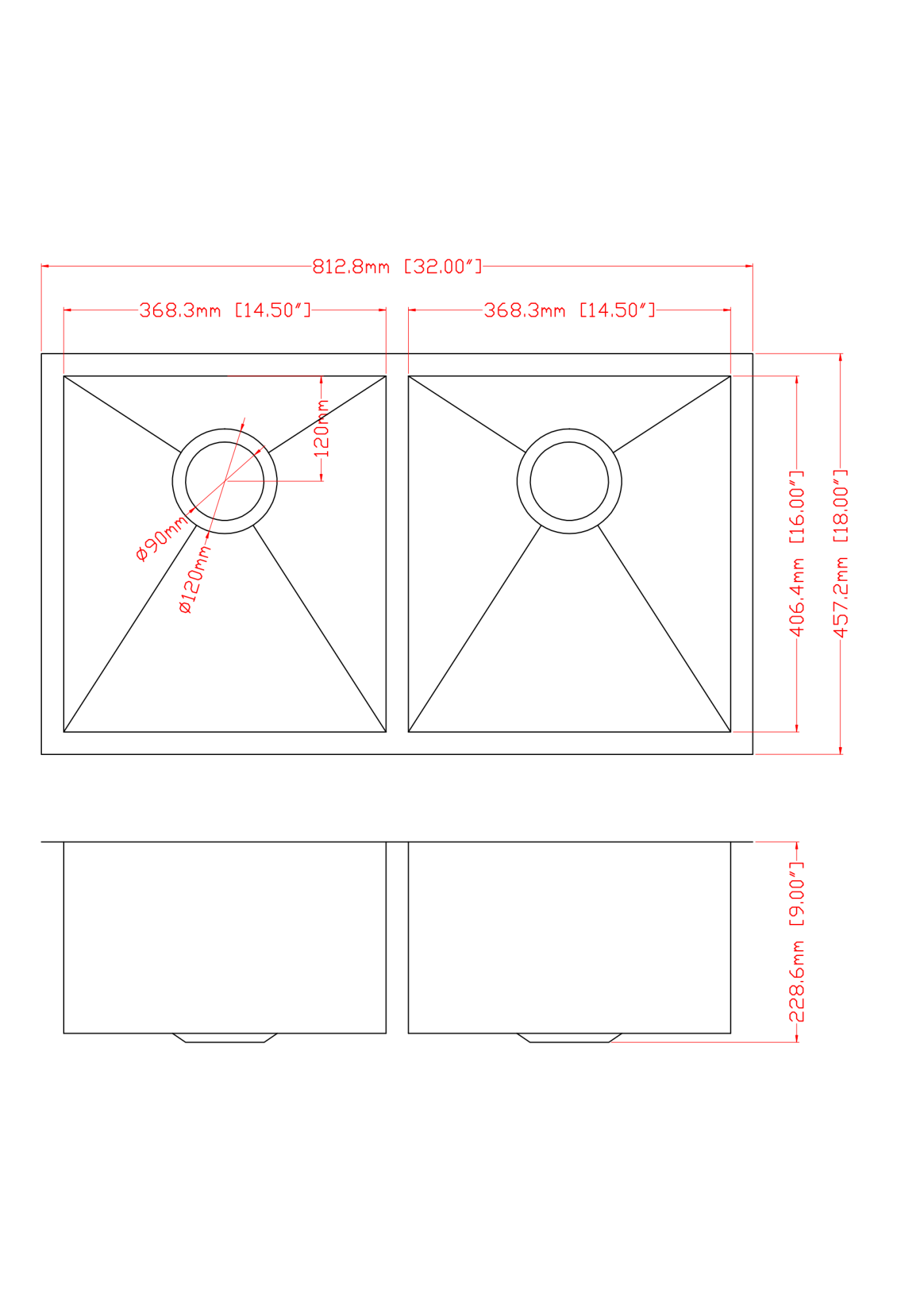 16 Gauge Stainless Steel 32 x 18 x 9 inch Undermount Double Bowl Kitchen Sink (50/50) with 9 Inch Deep Sink
