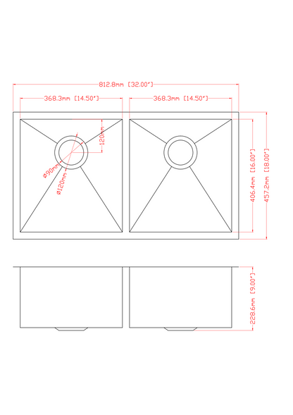 16 Gauge Stainless Steel 32 x 18 x 9 inch Undermount Double Bowl Kitchen Sink (50/50) with 9 Inch Deep Sink