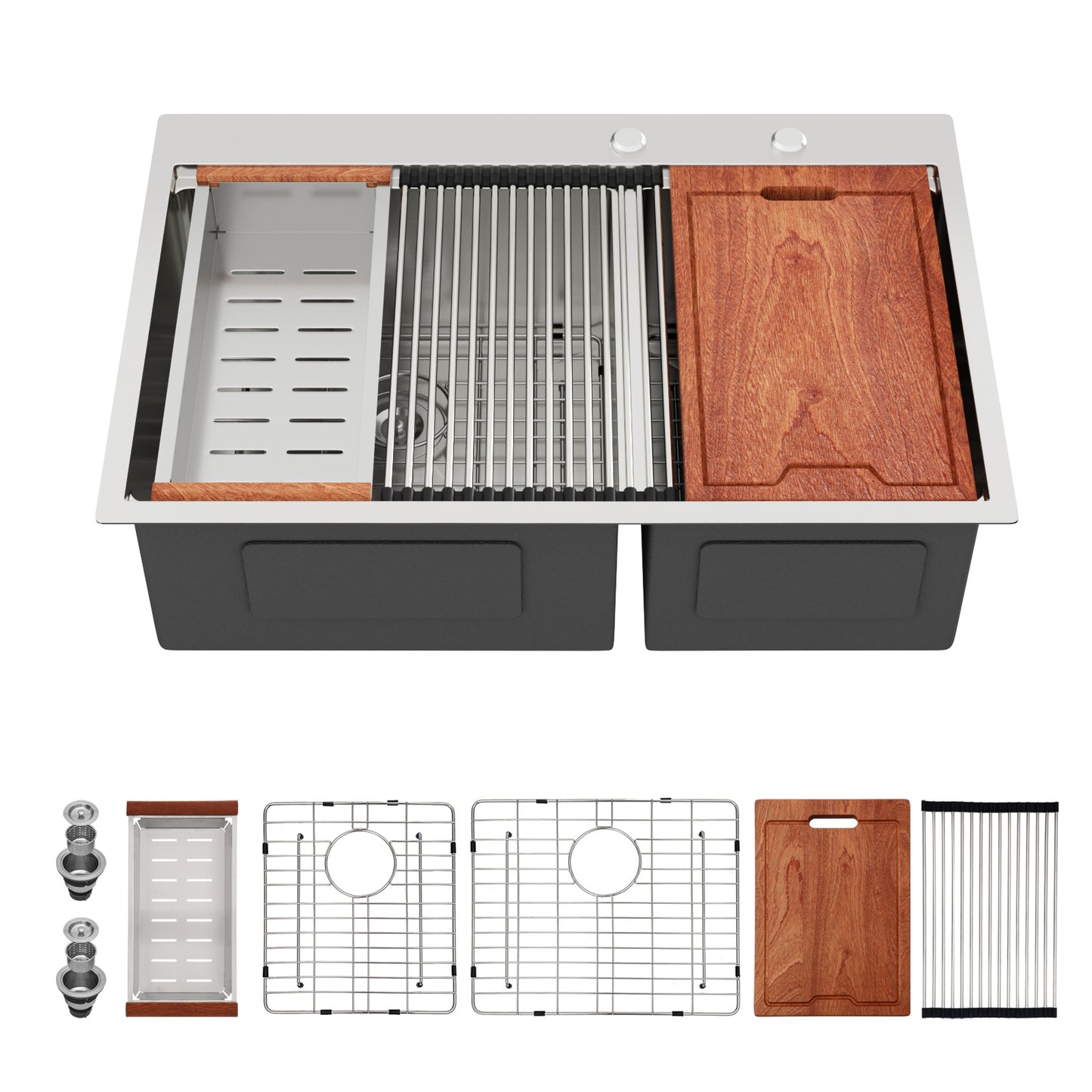 Topmount Drop in Kitchen Sink - 33" x 22" x 10" Double Bowl (60/40) Kitchen Sink 16 Gauge with Two 10" Deep Basin, Brushed Nickel