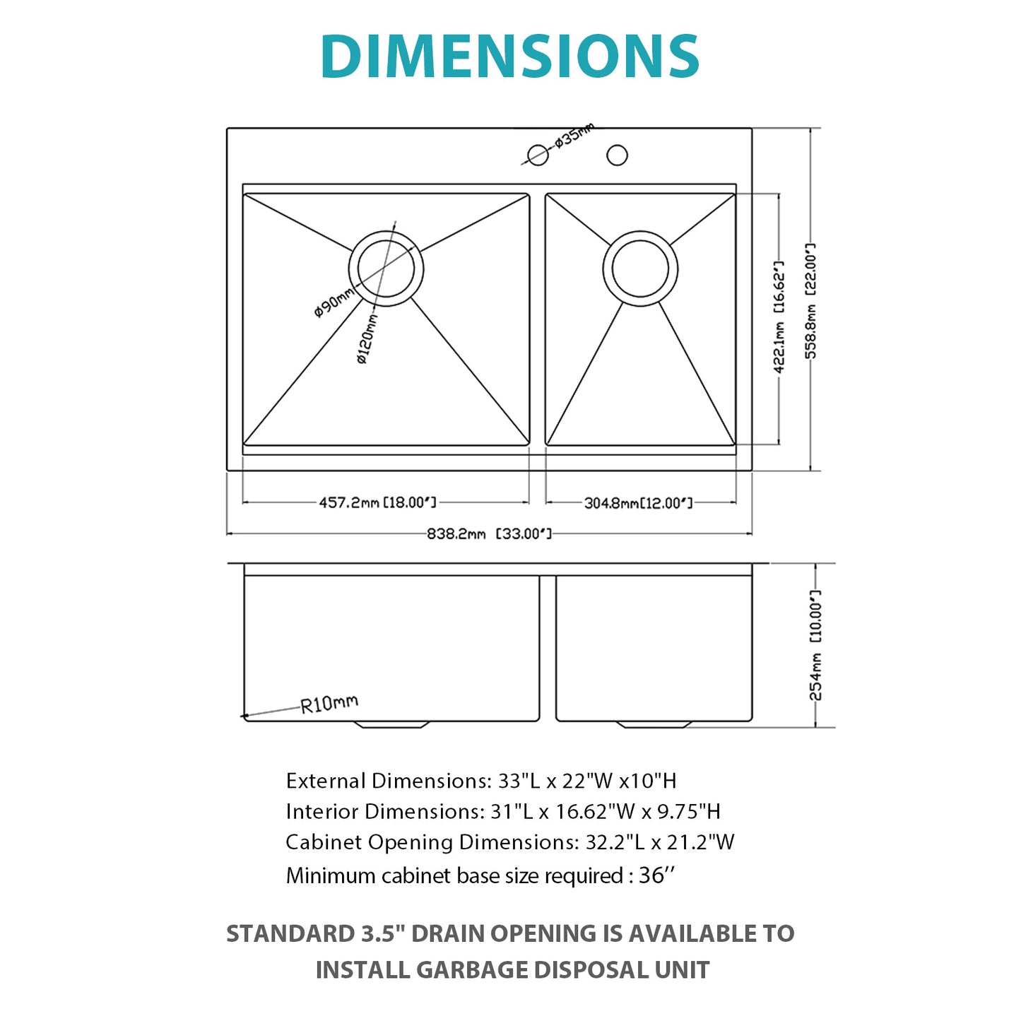 Topmount Drop in Kitchen Sink - 33" x 22" x 10" Double Bowl (60/40) Kitchen Sink 16 Gauge with Two 10" Deep Basin, Brushed Nickel