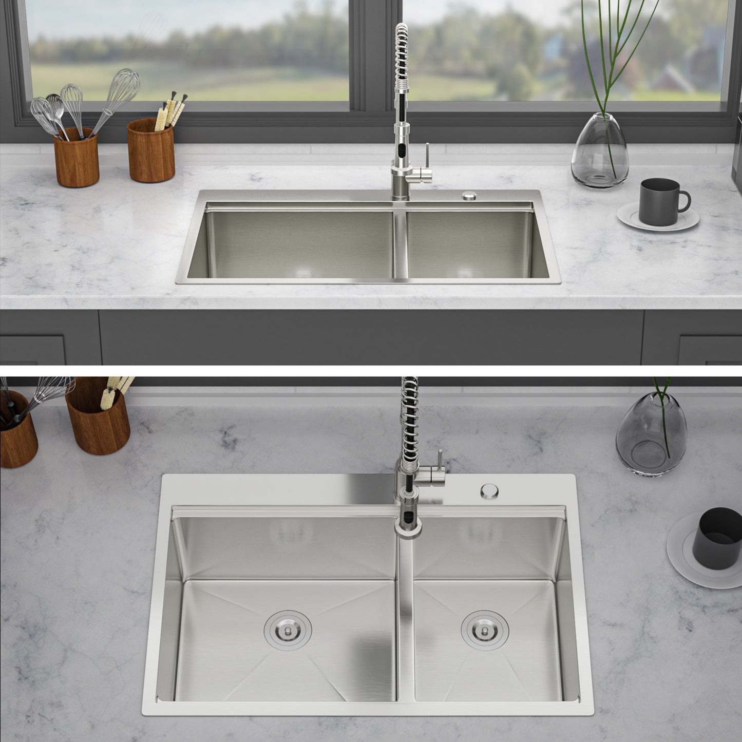 Topmount Drop in Kitchen Sink - 33" x 22" x 10" Double Bowl (60/40) Kitchen Sink 16 Gauge with Two 10" Deep Basin, Brushed Nickel