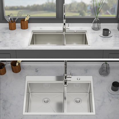 Topmount Drop in Kitchen Sink - 33" x 22" x 10" Double Bowl (60/40) Kitchen Sink 16 Gauge with Two 10" Deep Basin, Brushed Nickel