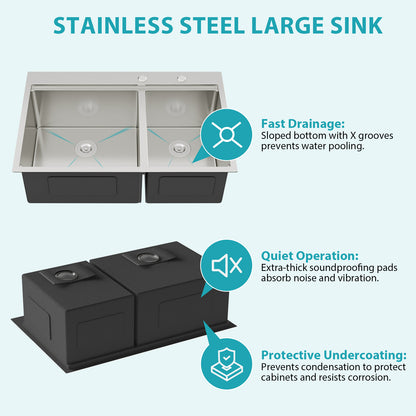 Topmount Drop in Kitchen Sink - 33" x 22" x 10" Double Bowl (60/40) Kitchen Sink 16 Gauge with Two 10" Deep Basin, Brushed Nickel