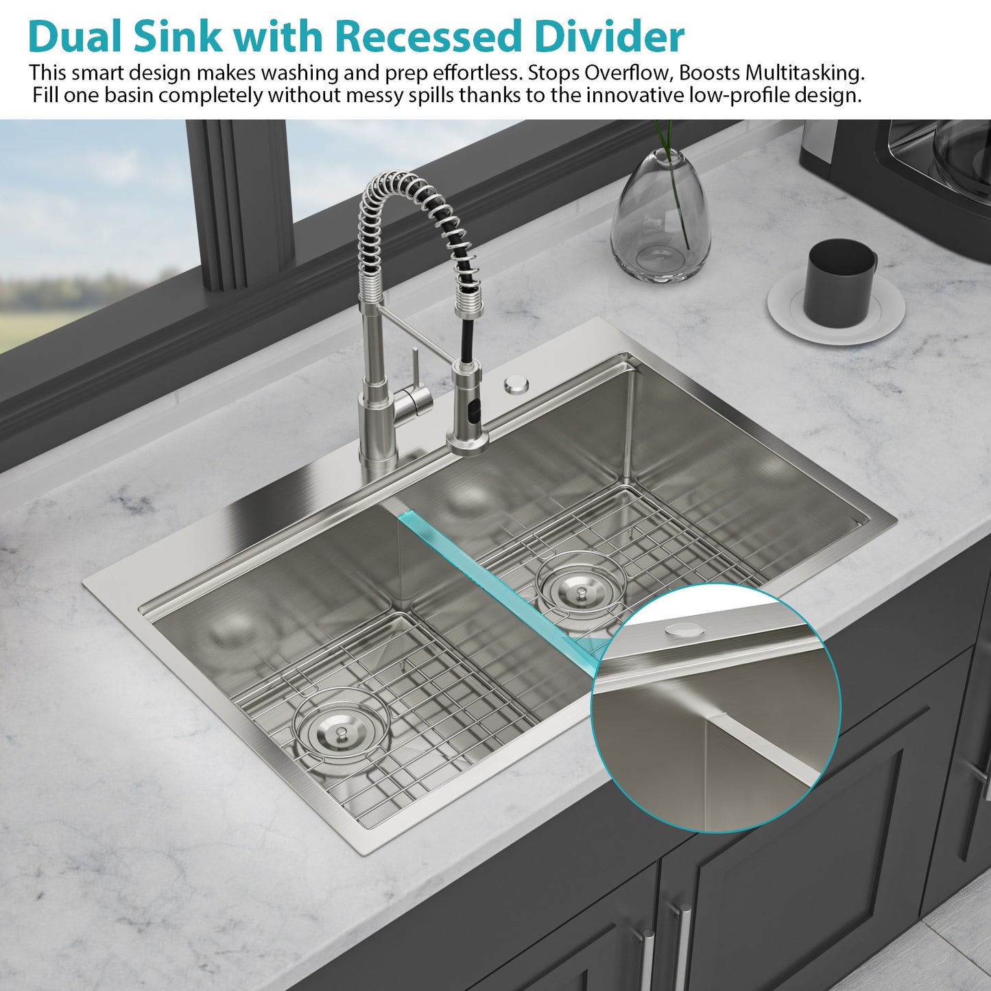 Topmount Drop in Kitchen Sink - 36"x 22" x 10" Double Bowl (60/40) Kitchen Sink 16 Gauge with Two 10" Deep Basin, Brushed Nickel