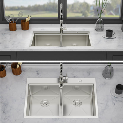 Topmount Drop in Kitchen Sink - 36"x 22" x 10" Double Bowl (60/40) Kitchen Sink 16 Gauge with Two 10" Deep Basin, Brushed Nickel