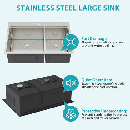 Topmount Drop in Kitchen Sink - 36"x 22" x 10" Double Bowl (60/40) Kitchen Sink 16 Gauge with Two 10" Deep Basin, Brushed Nickel