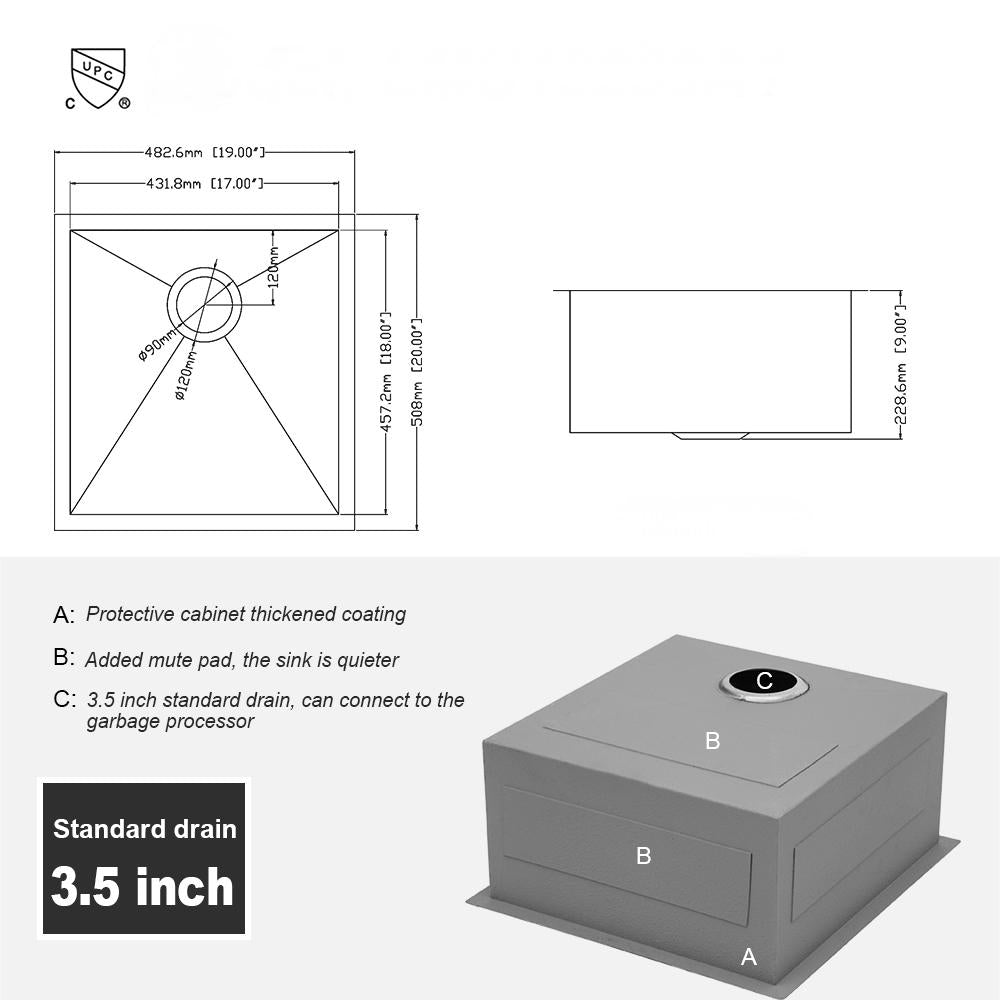 19 Inch Undermount Sink - 19" x 20" x 9" Undermount Stainless Steel Kitchen Sink 16 Gauge 9 Inch Deep Single Bowl Kitchen Sink Basin