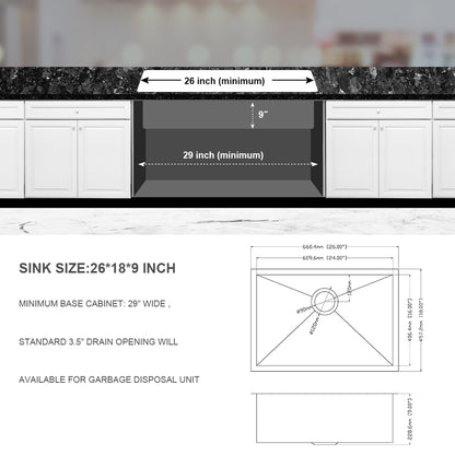 26 Inch Undermount Sink - 26" x 18" x 9" Undermount Stainless Steel Kitchen Sink 16 Gauge 9 Inch Deep Single Bowl Kitchen Sink Basin, Includes Drain Assembly (No Additional Accessories)