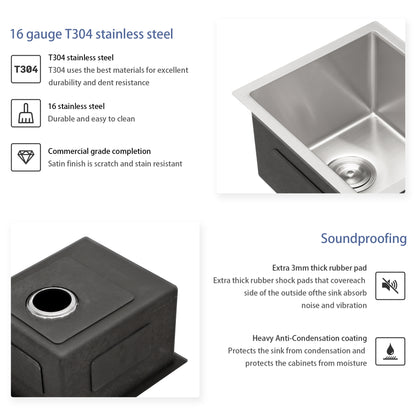 15 Inch Undermount Sink - 15" x 17" x 9" Undermount Stainless Steel Kitchen Sink 16 Gauge 9 Inch Deep Single Bowl Kitchen Sink Basin, Includes Drain Assembly (No Additional Accessories)