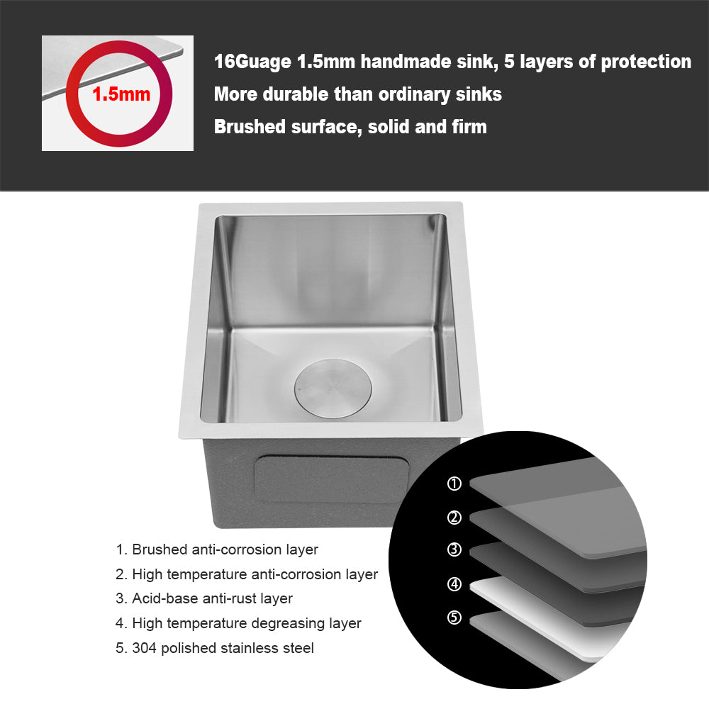 15 Inch Undermount Sink - 15" x 17" x 9" Undermount Stainless Steel Kitchen Sink 16 Gauge 9 Inch Deep Single Bowl Kitchen Sink Basin, Includes Drain Assembly (No Additional Accessories)