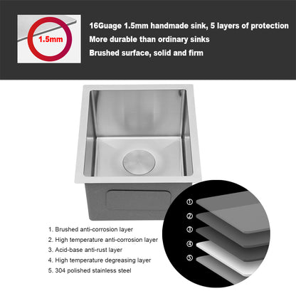 15 Inch Undermount Sink - 15" x 17" x 9" Undermount Stainless Steel Kitchen Sink 16 Gauge 9 Inch Deep Single Bowl Kitchen Sink Basin, Includes Drain Assembly (No Additional Accessories)