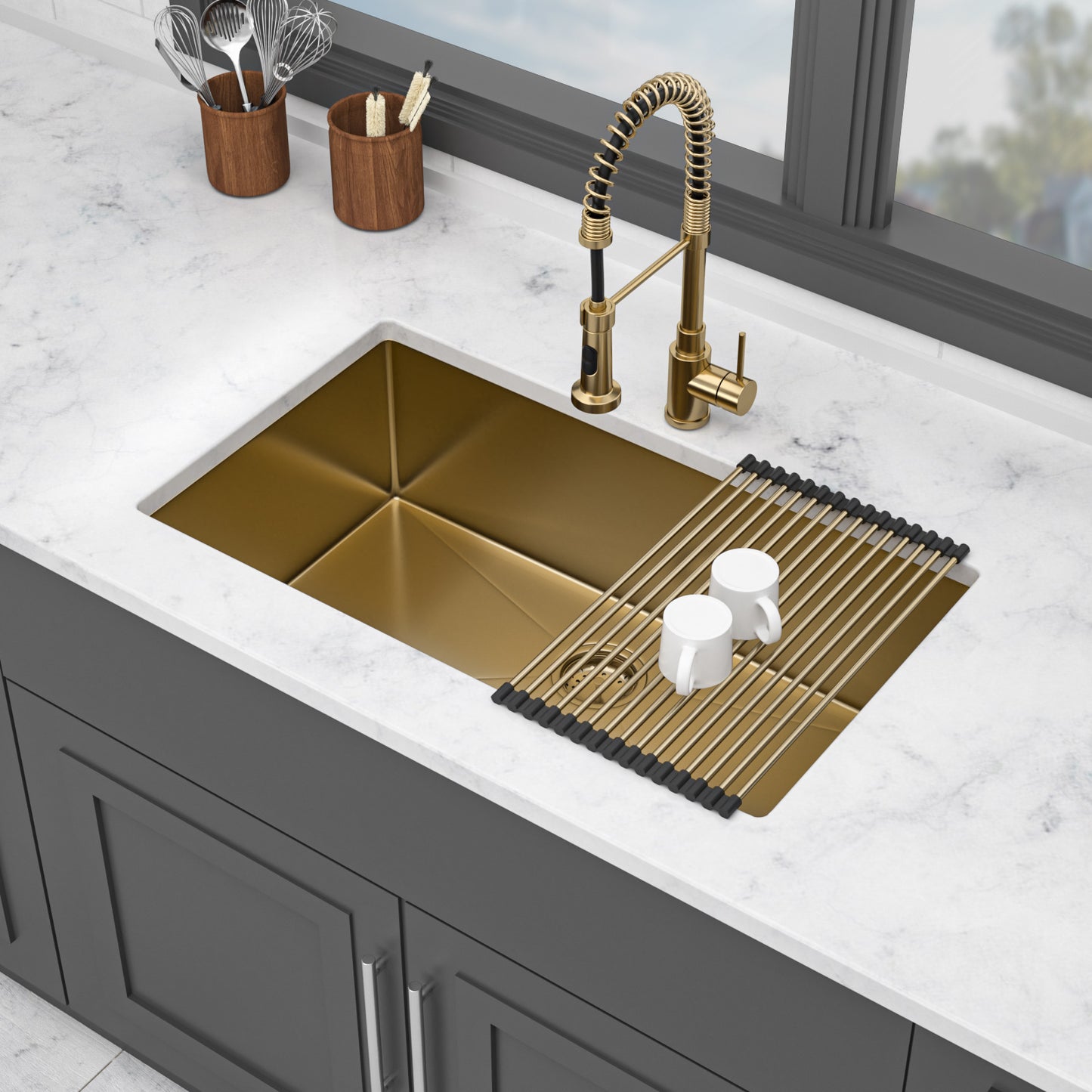 Undermount Gold Kitchen Sink - 32" x 19" x 10" Stainless Steel 16 Gauge Deep Single Bowl Sinks