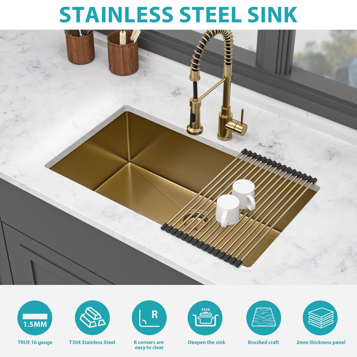 Undermount Gold Kitchen Sink - 32" x 19" x 10" Stainless Steel 16 Gauge Deep Single Bowl Sinks
