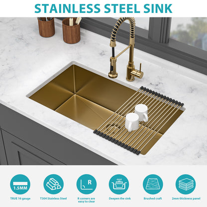 Undermount Gold Kitchen Sink - 32" x 19" x 10" Stainless Steel 16 Gauge Deep Single Bowl Sinks