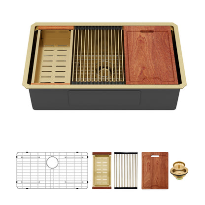 Single Bowl Undermount Workstation Gold Kitchen Sink - 33" x 19" x 10" Inch 16 Gauge Stainless Steel Deep Sink