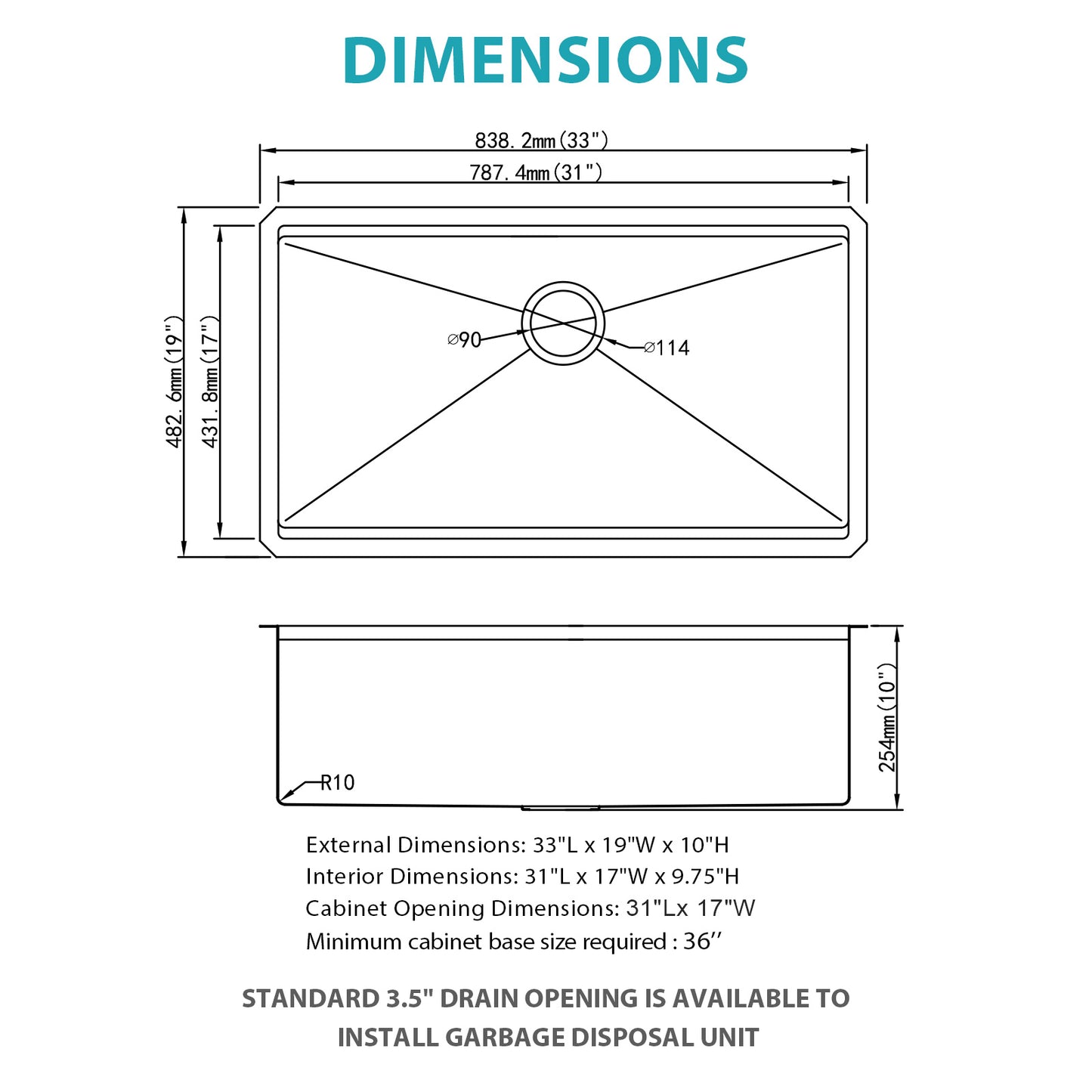 Single Bowl Undermount Workstation Gold Kitchen Sink - 33" x 19" x 10" Inch 16 Gauge Stainless Steel Deep Sink
