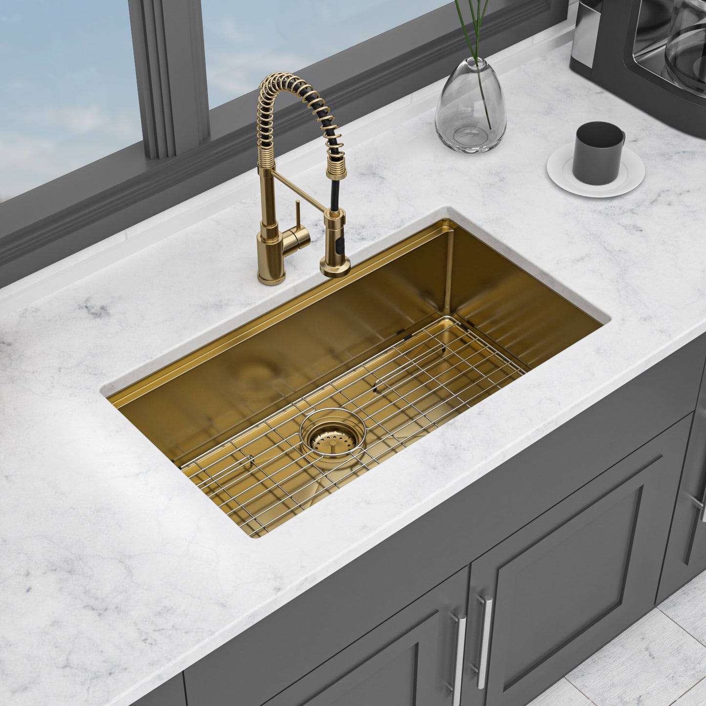 Single Bowl Undermount Workstation Gold Kitchen Sink - 33" x 19" x 10" Inch 16 Gauge Stainless Steel Deep Sink