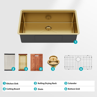 Single Bowl Undermount Workstation Gold Kitchen Sink - 33" x 19" x 10" Inch 16 Gauge Stainless Steel Deep Sink