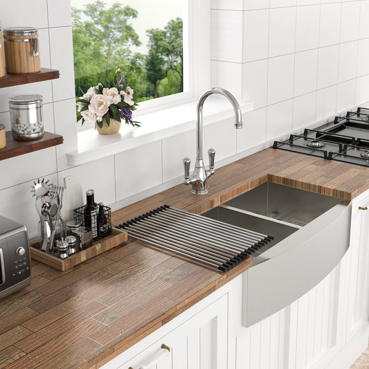 Double Bowl (50/50) Farmhouse Sink- 36" x 20" x 9" Stainless Steel Apron Front Kitchen Sink 16 Gauge with Two 9" Deep Basin
