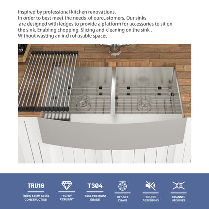 Double Bowl (50/50) Farmhouse Sink- 36" x 20" x 9" Stainless Steel Apron Front Kitchen Sink 16 Gauge with Two 9" Deep Basin