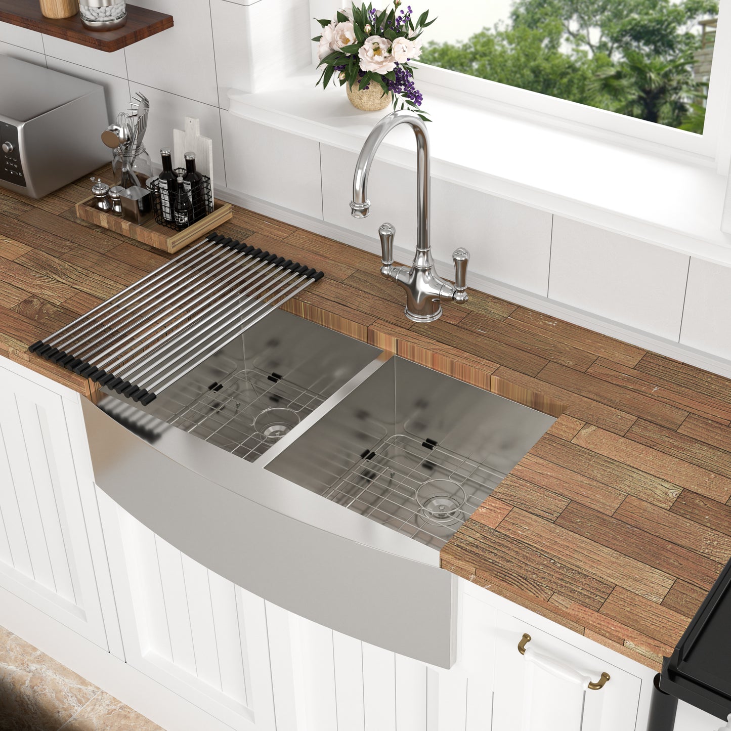 Double Bowl (50/50) Farmhouse Sink- 36" x 20" x 9" Stainless Steel Apron Front Kitchen Sink 16 Gauge with Two 9" Deep Basin
