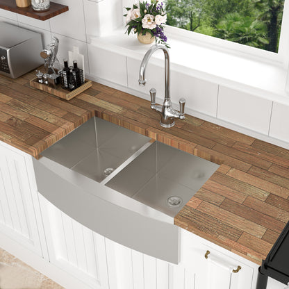 Double Bowl (50/50) Farmhouse Sink- 36" x 20" x 9" Stainless Steel Apron Front Kitchen Sink 16 Gauge with Two 9" Deep Basin